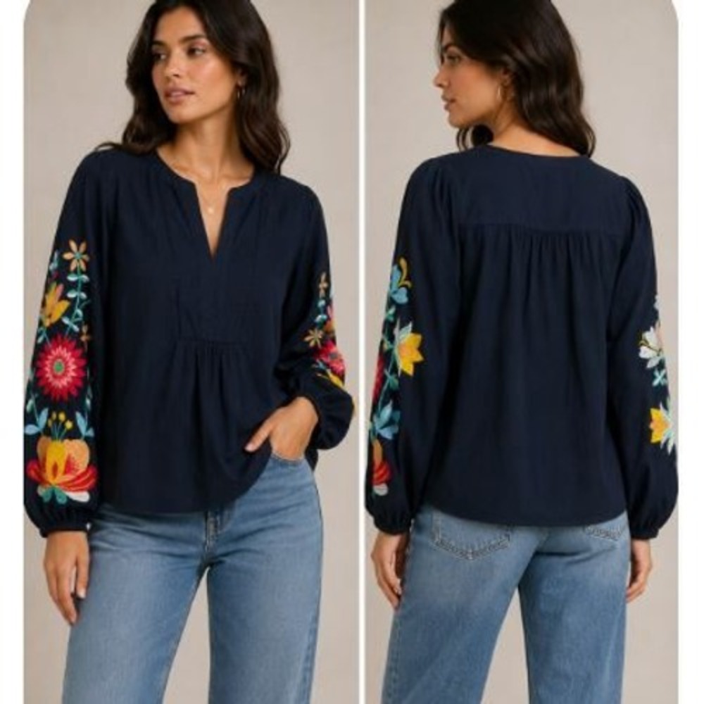 Talbots Blouse Womens‎ Medium Navy Blue Floral Embroidered Boho Split Neck Top